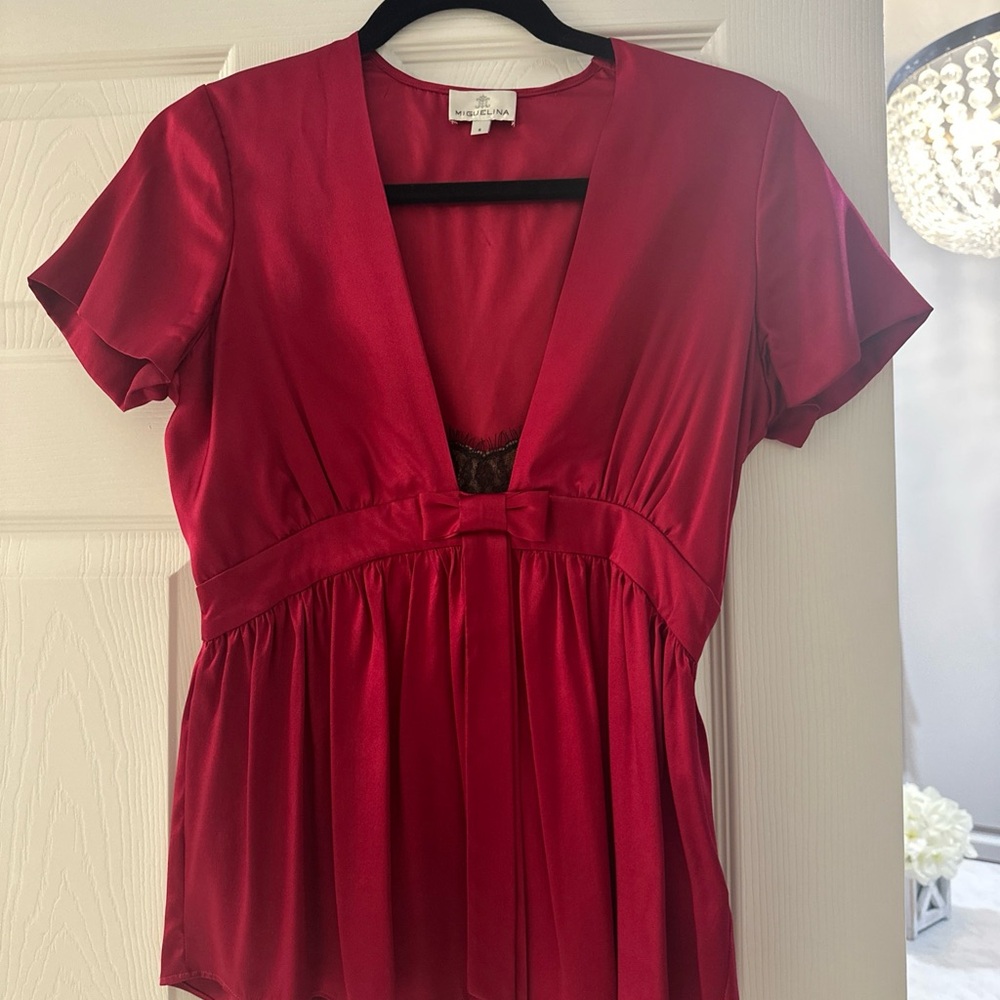 Miguelina Deep Red V-Neck Silk Blouse